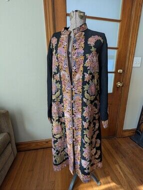 Embroidered Floral Long Coat - Black with Pink & Gold Accents